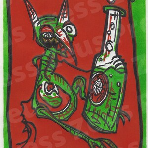 May include: A green, cartoon-like creature with a long beak and large eyes holds a green bottle with a red label. The creature and bottle are on a red background with green bubbles.