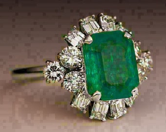 4.00 Ct Emerald Cut Green Emerald Diamond in 14KT White Gold Finish Halo Wedding Ring Women and Girl's, Vintage Cluster Statement Ring