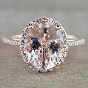 2ct Oval Cut Peach Morganite Halo Solitaire Engagement Ring 14k Rose Gold Finish