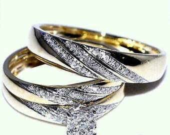 2.00Ct Round Cut Diamond 14K Yellow Gold Over Trio His And Her Bridal Wedding Engagement Ring Set