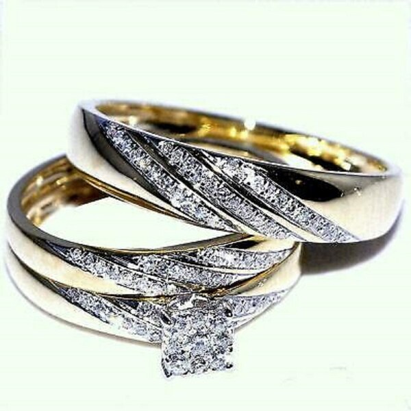 2.00Ct Round Cut Diamond 14K Yellow Gold Over Trio His And Her Bridal Wedding Engagement Ring Set