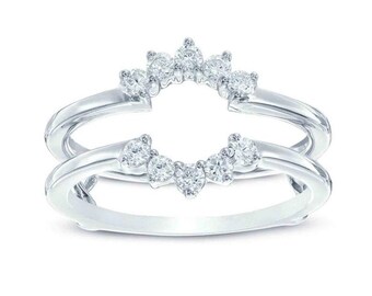 1/3 Ct Round Simulated Diamond Flower Frame Solitaire Enhancer Guard Ring Wrap in Sterling Silver 14K White Gold Finish