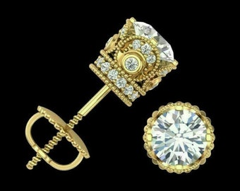 4Ct Round Moissanite Screw Back Solitaire Stud Earrings 14K Yellow Gold Over