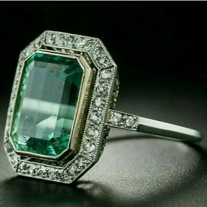 4Ct Emerald Cut Green Emerald & Round Cut Diamond Women's Vintage Ring 14k White Gold Finish , Art Deco , Victorian Ring , Anniversary Ring