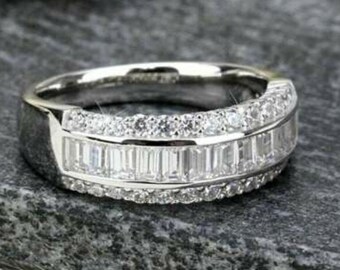 2.70 TCW Baguette Round Diamond Eternity Wedding Band, Half Eternit Channel Set, 14KT White Gold Finish, Anniversary Band, Christmas Gift