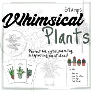 Set de sellos y clip art de plantas caprichosas: pegatinas digitales dibujadas a mano para diarios, álbumes de recortes y planificadores.