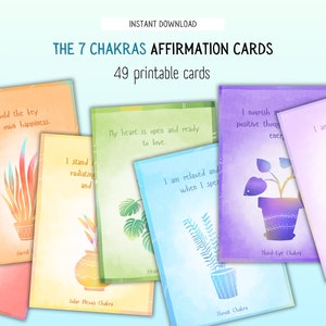 May include: Seven affirmation cards with watercolour plant illustrations. Each card has a different affirmation and chakra name. The text "THE 7 CHAKRAS AFFIRMATION CARDS" is at the top. The cards are for self-care.