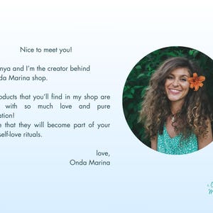 May include: Promotional image with text: "Nice to meet you! I'm Tanya and I'm the creator behind la Onda Marina shop." A woman with curly hair and an orange flower smiles. The text continues, "All products...daily self-love rituals."