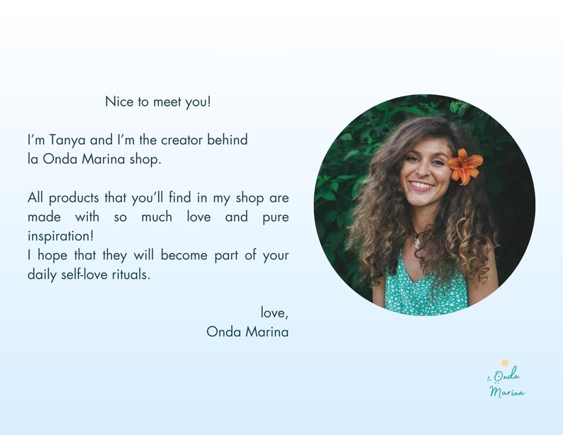 May include: Promotional image with text: "Nice to meet you! I'm Tanya and I'm the creator behind la Onda Marina shop." A woman with curly hair and an orange flower smiles. The text continues, "All products...daily self-love rituals."