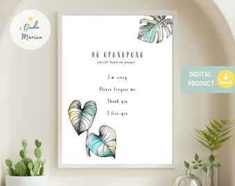Ho'oponopono Wall Art - Ancient Hawaiian Prayer Poster, Printable Wall Decor, Inspirational Quote