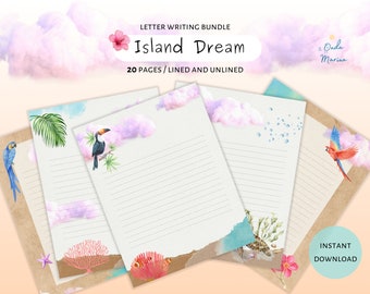 Tropical Journaling Stationery, 20 Printable Pages, Letter Writing Bundle, Lined and Unlined Pages