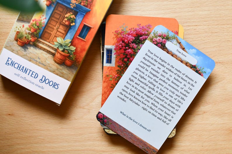 May include: An oracle deck titled "Enchanted Doors" and a card with the text "True Love" are shown. The deck features colourful illustrations of buildings with flowers. The card contains text about love.