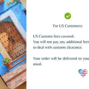 May include: A vibrant illustration of a wooden door set in a blue wall, with a white frame and a small flower pot. The image has the text "For US Customers: US Customs fees covered."