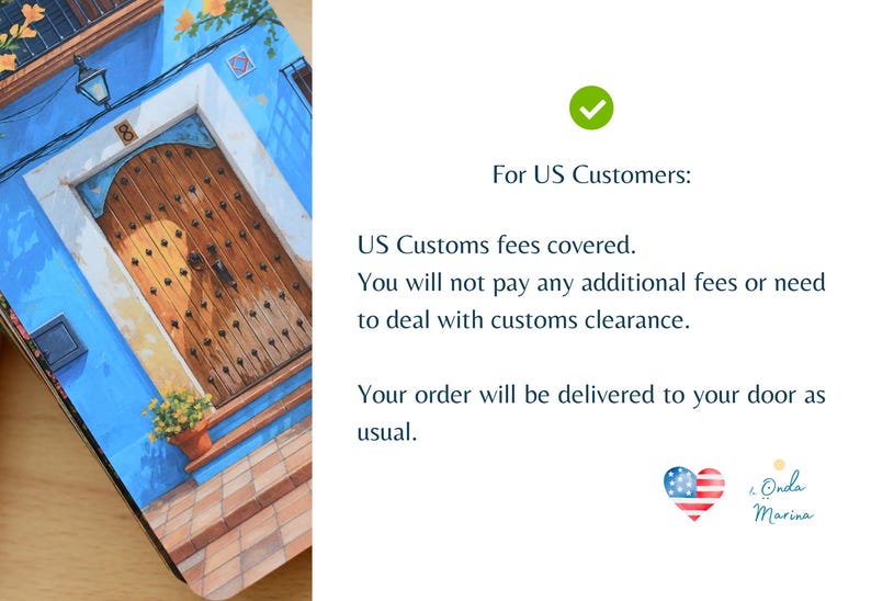 May include: A vibrant illustration of a wooden door set in a blue wall, with a white frame and a small flower pot. The image has the text "For US Customers: US Customs fees covered."