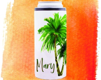 Palm Tree with Name Personalized Slim Can Cooler Skinny Can