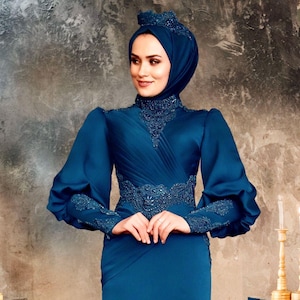Luxury Modest Gown, Muslim Prom Dress, Blue Long Sleeve Hijab Evening Dress, Elegant Engagement Outfit for Women