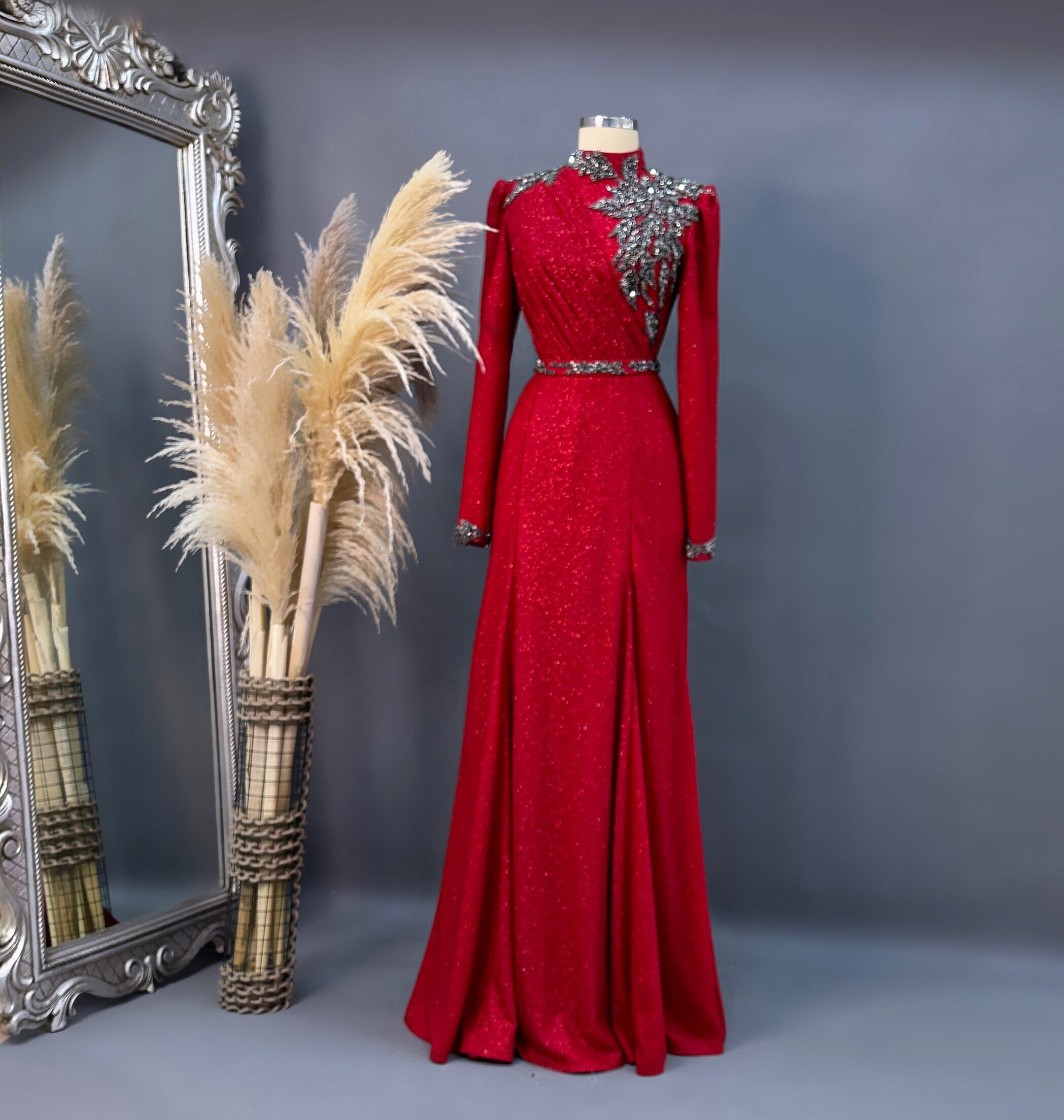 Sparkling Evening Dress Hijab Evening Dress Models Purple and Red Color 