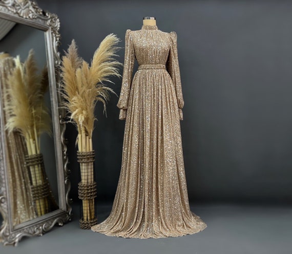 Sparkling Evening Dress Hijab Evening Dress Models Gold Color Evening Dress  slamic Evening Dresses Engagement Dress - Etsy Canada
