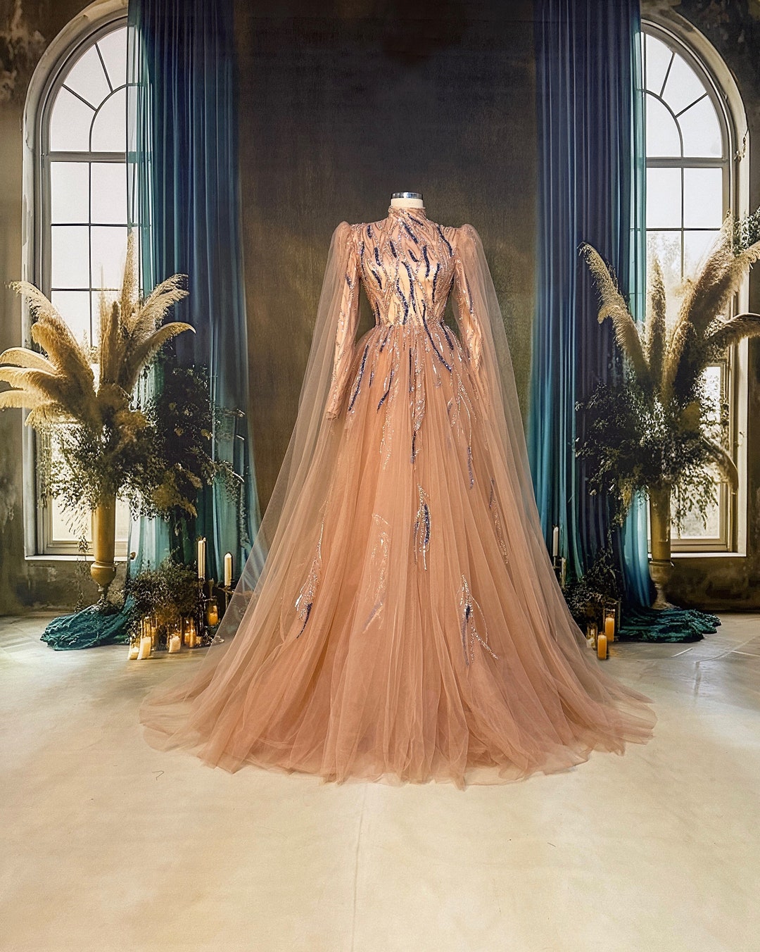 Sparkling Evening Dress Hijab Evening Dress Models Orange and Blue