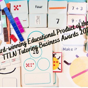 May include: A close-up of colorful educational materials for teaching math. The materials include counting blocks, number cards, and a bingo board. The text "Award-winning Educational Product of the Year TTNL Tutoring Business Awards 2020" is visible in the image.
