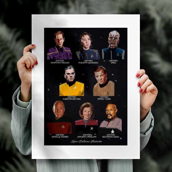Star Trek Captains Portrait Druck, Star Trek Illustration Kunstwerk, Sci-Fi Wanddekor, A3 Kunstdruck,