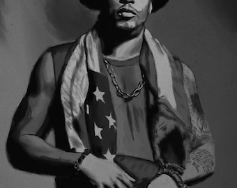 May include: Black and white portrait of a person wearing a black hat, a scarf with stars and stripes, and a chain necklace. The person is also wearing multiple rings and bracelets. The image is a painting.