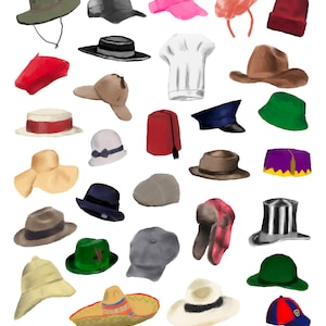 May include: A collection of 30 different hats in various colors and styles, including a cowboy hat, a chef's hat, a fedora, a sombrero, a beanie, a baseball cap, a beret, a sun hat, and a top hat.