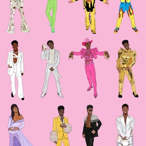 Lil Nas X red carpet outfits collection A3 art print, Lil Nas X fashion art print, Music portrait