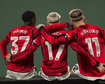 A3 Print of portrait of Kobbie Mainoo, Alejandro Garnacho and Rasmus Hojlund of Manchester United, Gift for Man United fan, Football art