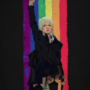 May include: An artistic rendering of a person with white hair and a black outfit, raising a fist. A rainbow flag with a bisexual pride flag is in the background. The image has a painted texture and a black background.