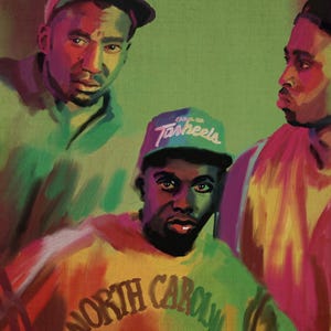 May include: A colourful painting depicting three men, each wearing a hat and shirt. The central figure sports a green and blue hat with "Tarheels" and a yellow shirt with "North Carolina". The artwork uses vivid colours and a painterly style.