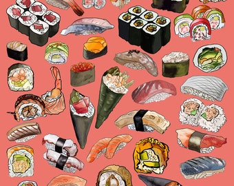 Sushi Kunstdruck A4, Japanisches Essen Wandkunst, Foody Geschenk, Japan Dekor Wandkunst, Sushi-Essen Illustration.