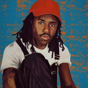 May include: Digital painting of a person in a red cap, white t-shirt, and black overalls. The background is textured blue with orange. The person has dreadlocks and a moustache.