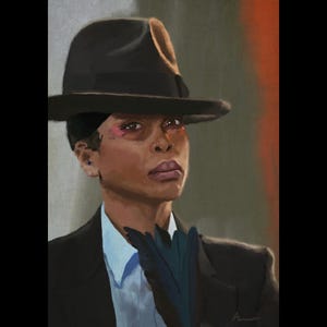 May include: A person wearing a black fedora hat, a white collared shirt, and a black suit jacket. The person has a blue and black glove on their right hand.