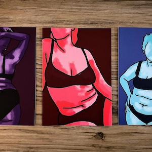 Weibliche Empowerment Postkarten Set, Frauen nackter Körper 3 Postkarten, Bunte Damenbilder Illustration Druck, A6 Kunstdrucke