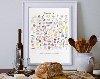 Sweets illustration art print, Sweet wall chart, Candy art print, Food wall decor, A3 art print,