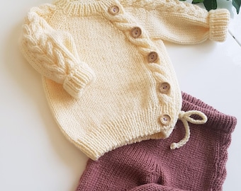 Baby knitted 2 piece outfit Amarant Vanilla , neutral gender knitted combi, baby jacket & trousers,baby cardigan