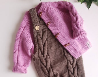 Baby girl knitted outfit, 2 piece Baby girl set jacket and rompers, baby wool cardigan, chunky, warm pullover, knitted baby romper