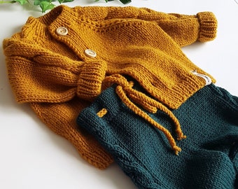 Unisex baby outfit, baby boy jacket & trousers ,baby cardigan, baby boy spring clothes, chunky, warm pullover, warm trousers