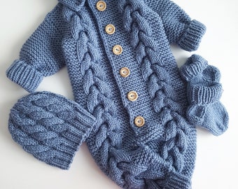 Newborn knitted Denim set with overall, beanie hat and socks, baby knitted jumpsuit