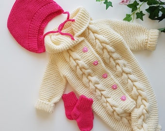 Baby girl overall set, baby girl outfit, spring baby clothes set, warm wool rompers with hat and socks, baby knitted jumpsuit