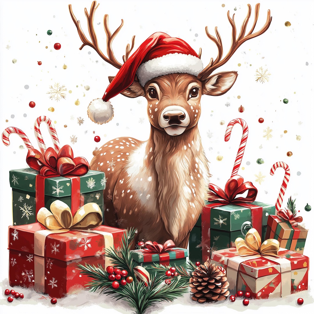 14 Watercolor Christmas Deer Clipart PNG Set – Festive Reindeer, Snowy ...