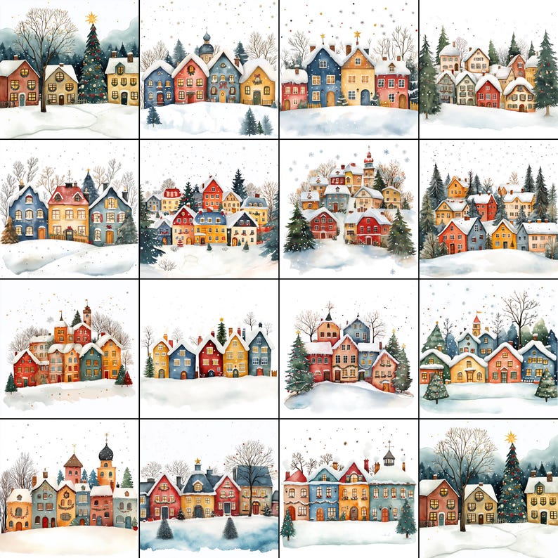 Christmas Village Clipart Set Festive Watercolor Houses PNG Winter ...