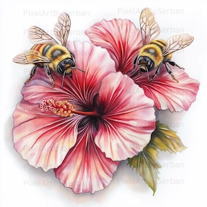 18 Bees in Flowers Clipart, Floral Watercolor Bees, High-Quality PNGs, Printable Digital Download, Perfect for Paper Craft & Junk Journals
