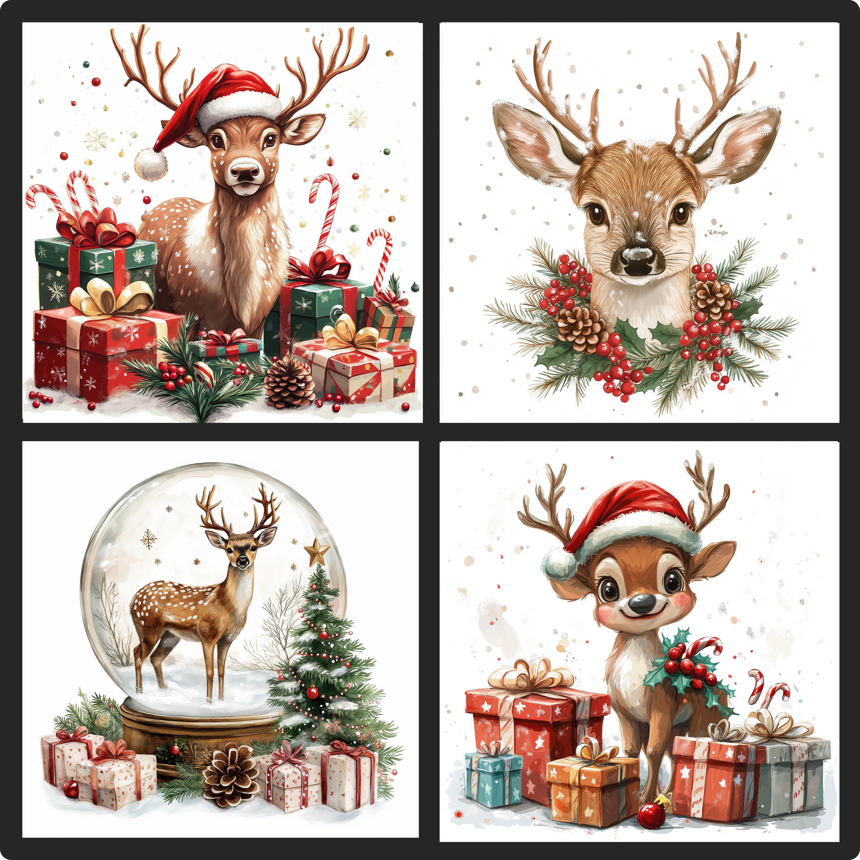 14 Watercolor Christmas Deer Clipart PNG Set – Festive Reindeer, Snowy ...