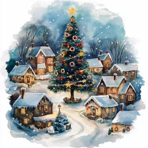 15 Watercolor Christmas Village PNGs | Festive Holiday Clipart | Winter Houses Digital Art Christmas Decor Printables Set Christmas clipart
