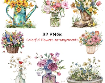 May include: Watercolor illustrations of colorful flower arrangements. The image features bouquets in a watering can, mason jar, boot, basket, teacup, bottle, perfume bottle, and a stone planter. Text reads "32 PNGs Colorful Flowers Arrangements."