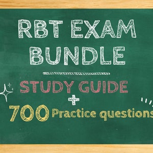 Może przedstawiać: Zielona tablica z białym, odręcznym napisem „RBT EXAM BUNDLE”. Poniżej, na różowo, „STUDY GUIDE” z „700 Practice questions” na żółto. Obraz jest oprawiony w drewnianą ramę.
