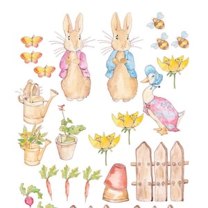 May include: Watercolour illustration featuring two bunnies, a duck, bees, butterflies, flowers, carrots, radishes, watering cans, and a wooden fence. The bunnies are wearing blue and pink jackets. The duck is wearing a pink dress and a blue bonnet. The flowers are yellow and the butterflies are orange and yellow.
