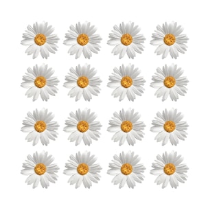 May include: A grid of sixteen individual daisy flowers arranged in four rows and four columns. Each flower features a bright yellow, textured centre surrounded by numerous thin, white, radiating petals against a plain white background.